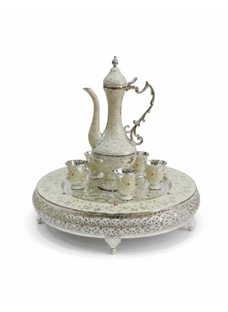 Premium Silver Arabic Dallah Coffee Set with Tray and Matching Cups - Image 1